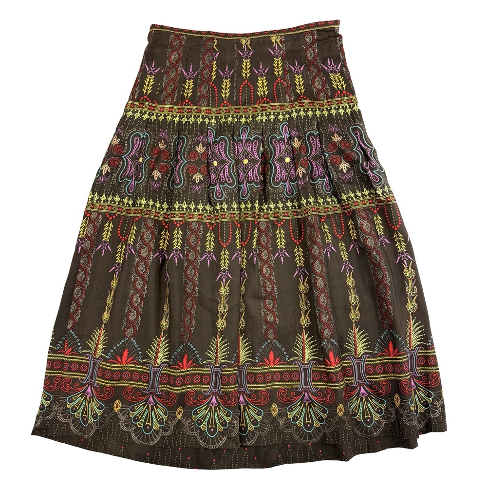 Kenzie Boho Multicolor Floral Paisley Print Pleated A-Line Midi Skirt 100% Silk
